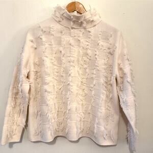 Akris 100% Cashmere Textured Fringe Mock Neck Sweater US 4 Cream Luxury Knit